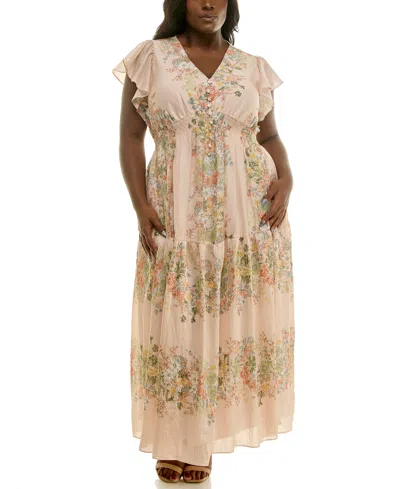 Taylor Plus Size Flutter Sleeve Tiered Maxi Dress In Neutral