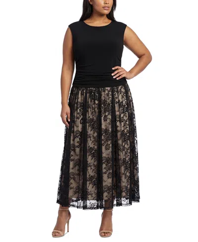 Taylor Plus Size Lace Long Floral-print Dress In Black