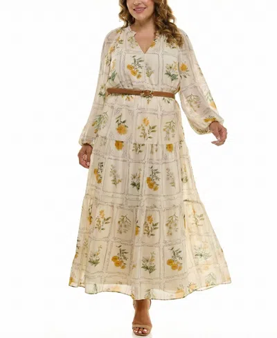 Taylor Plus Size Long-sleeve Belted Maxi Dress In Multi