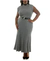 Taylor Plus Size Mock Neck Belted Knit Midi Dress In Gray