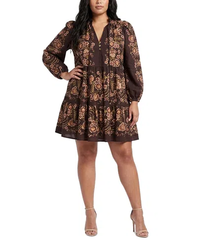 Taylor Plus Size Printed Chiffon Babydoll V-neck Dress In Brown