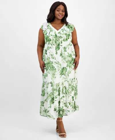 Taylor Plus Size Printed Chiffon Ruffle-sleeve Maxi Dress In Ivory Broccoli