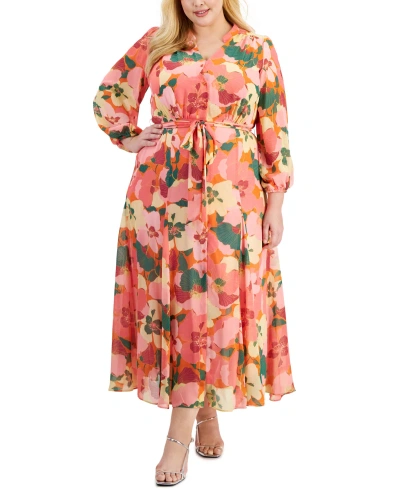 Taylor Plus Size Printed Long-sleeve Tie-waist Maxi Shirtdress In Mauvelous Pink
