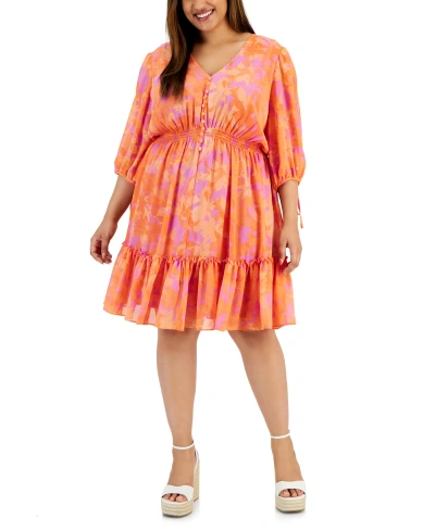 Taylor Plus Size Printed Smocked-waist Tie-sleeve Dress In Phlox Mandarin