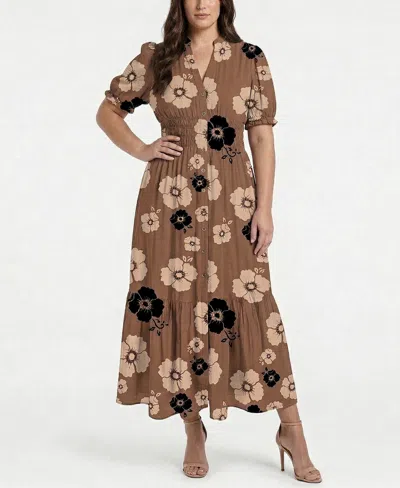 Taylor Plus Size Printed Split V-neck Maxi Dress In Brown