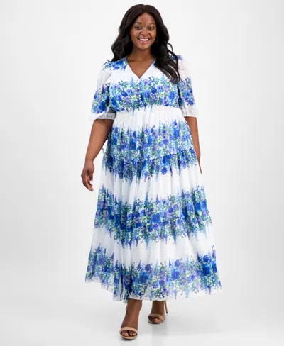 Taylor Plus Size Printed Tie-sleeve Tiered Maxi Dress In Blue Wisteria