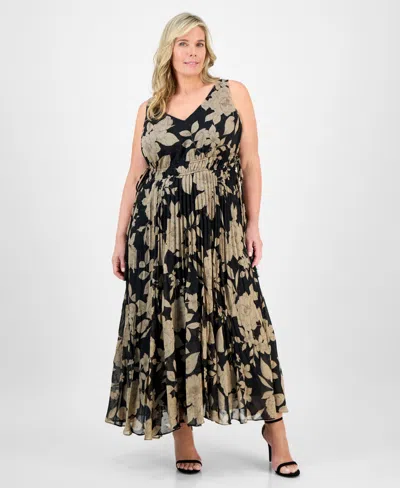 Taylor Plus Size Printed Tie-waist Pleated Maxi Dress