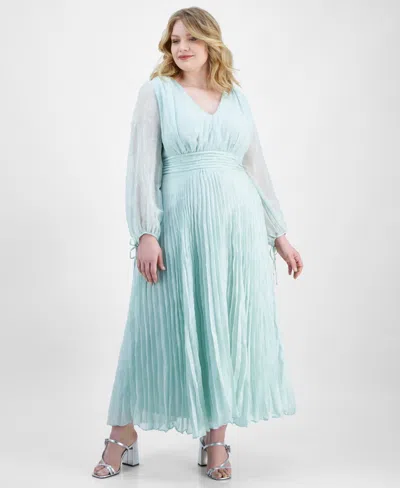 Taylor Plus Size Shimmering Floral Pleated Chiffon Maxi Dress In Celery