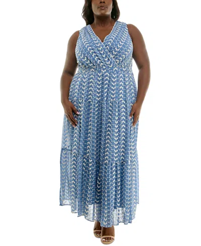 Taylor Plus Size Sleeveless Embroidery Tiered Maxi Dress In Denim Ivory