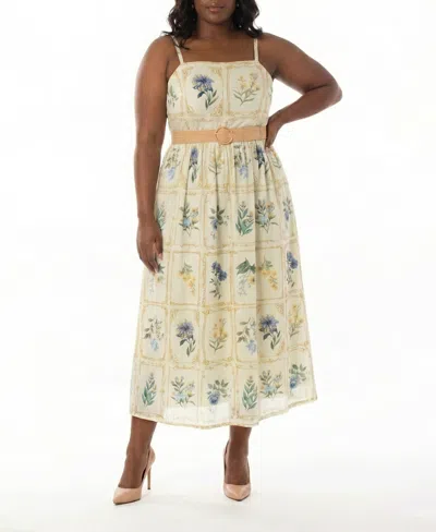 Taylor Plus Size Square Neck Belted Midi Dress In Neutral