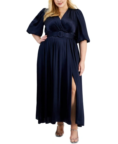 Taylor Plus Size Surplice-neck Belted Satin Maxi Dress In Navy