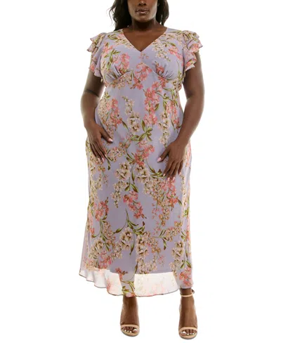 Taylor Plus Size V-neck Flutter-sleeve Maxi Dress In Dusty Lilac Salmon