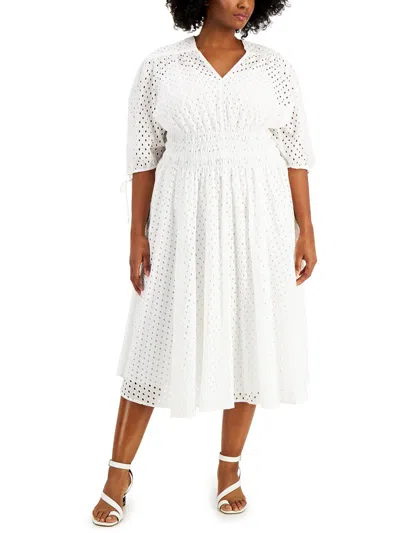 Taylor Plus Womens Cotton Casual Fit & Flare Dress In White