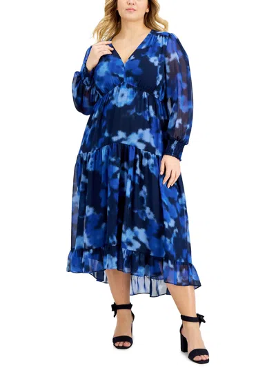 Taylor Plus Womens Floral Print Smocked Midi Dress In Blue