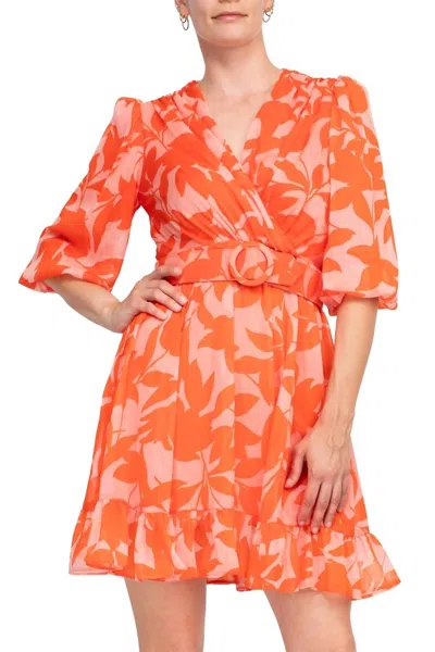 Taylor Printed Chiffon Belted Fit And Flare Dress In Pink Orange