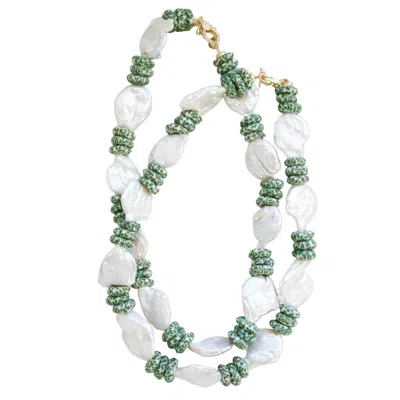 Taylor Reese Women's Green Baroque Coin Pearl + Ghanan Fused Glass Necklace