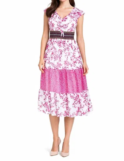 Taylor V Neck Chiffon Printed Midi Dress In Red/white In Multi