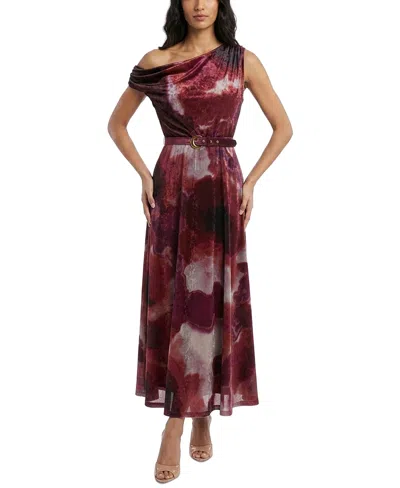 Taylor Women's Belted Off-the-shoulder Floral A-line Dress In Burgundy Wine