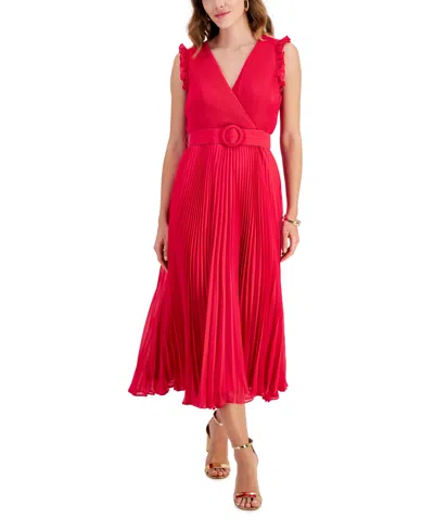 Taylor Women's Belted Pleated Chiffon Midi Dress In Strawberry