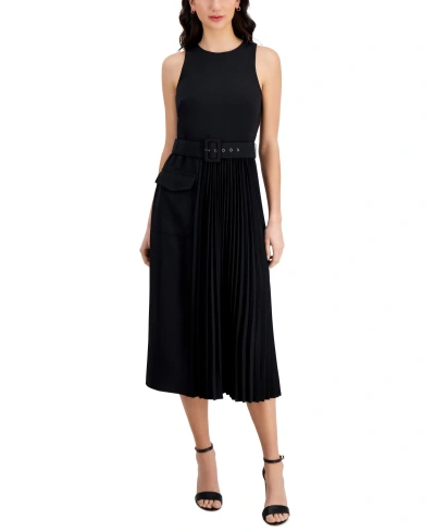Taylor Women's Belted Stretch Crepe Sunburst-pleat Dress In Black