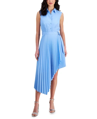 Taylor Women's Belted Sunburst-pleat Asymmetric-hem Dress In Powder Blue