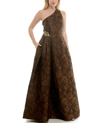 Taylor Women's Brocade One-shoulder Sleeveless Dress In Brown