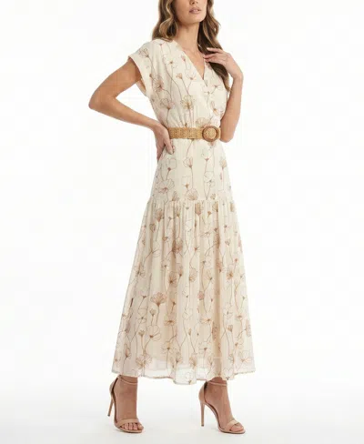 Taylor Women's Embroidered V-neck Belted Dress In Neutral