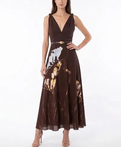Taylor Women's Floral Belted V-neck Sleeveless Dress In Brown