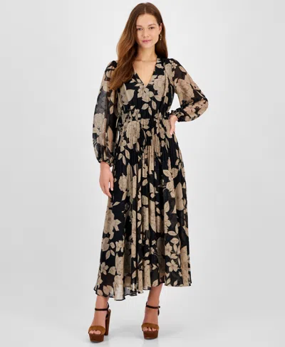 TAYLOR WOMEN'S FLORAL CHIFFON V-NECK PLEATED DRESS