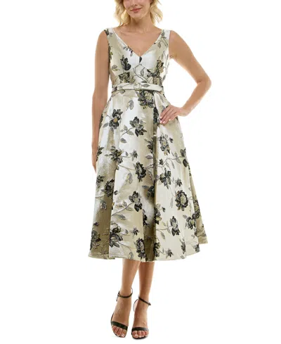 Taylor Women's Floral Jacquard V-neck Belted Dress In Taupe,black