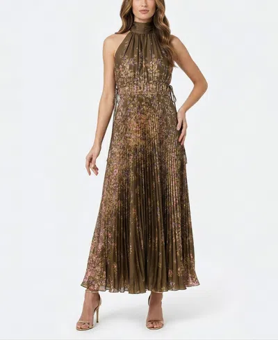 Taylor Women's Floral Pleated Mock Neck Polyester Dress In Brown