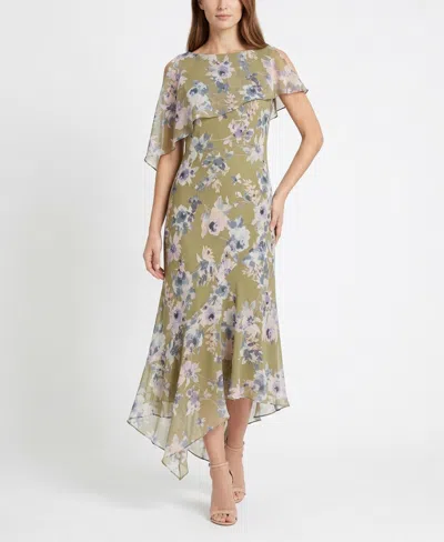 Taylor Women's Floral Print Capelet Fit & Flare Crewneck Polyester Dress In Green