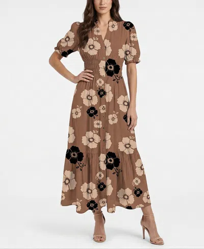 Taylor Women's Floral Print Puff-sleeve Collared Polyester Shirt Dress In Brown