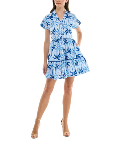 Taylor Women's Floral Tiered Button-front Mini Dress In Ice Blue Corn Flower