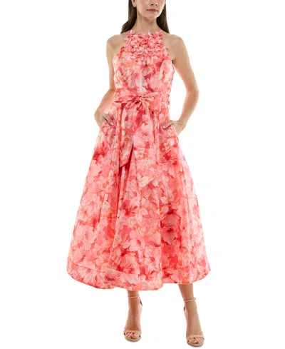 Taylor Women's Floral-trim Bow-waist Midi Dress