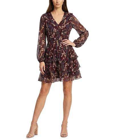 Taylor Women's Floral V-neck Tiered Mini Dress In Maroon Taupe Blue