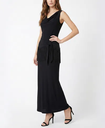 Taylor Women's Fringe Detail Peplum Cowl Neck Fit & Flare Dress In Black