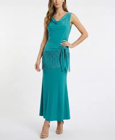 Taylor Women's Fringe Detail Peplum Cowl Neck Fit & Flare Dress In Blue