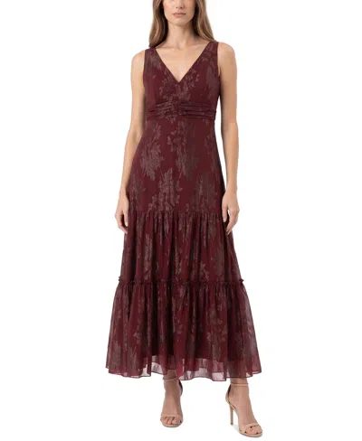 Taylor Women's Halter Floral-print Metallic Dress In Burgundy