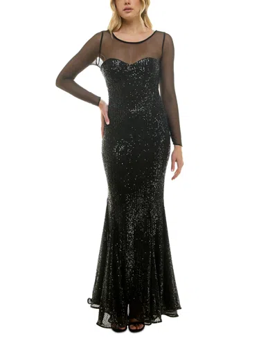 Taylor Women's Illusion-trim Sequined Bodycon Gown In Black