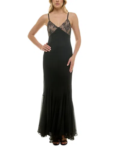 Taylor Women's Lace-bodice Chiffon Ruffled-hem Gown In Black