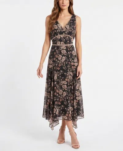 Taylor Women's Lyocell-blend Handkerchief Hem Floral Dress In Jet Black Taupe