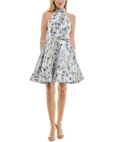 Taylor Women's Metallic Jacquard Belted Halter Dress In Navy Gold