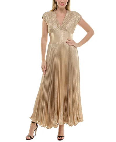 Taylor Women's Metallic V-neck Cap-sleeve Pleated Gown