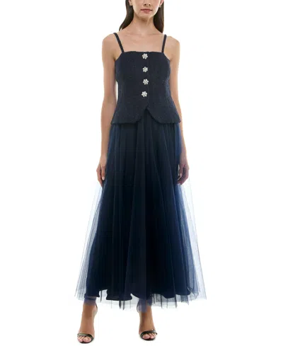 Taylor Women's Mixed-media Embellished-button Gown In Navy