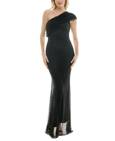 Taylor Women's One-shoulder Embellished Fishnet Gown In Jet Black