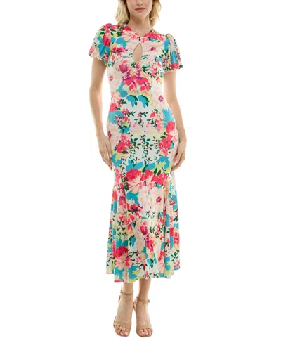 Taylor Women's Printed Keyhole Puff-sleeve Midi Dress In Cream Trop