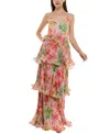 Taylor Women's Printed Pleated Tiered Sleeveless Gown In Pink Carnation