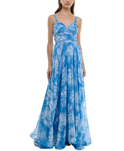 Taylor Women's Printed Ruched Sleeveless Gown In Ivory Ocean Blue