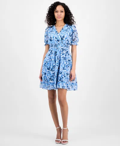 Taylor Women's Printed Smocked-waist Fit & Flare Dress In Bluefloral